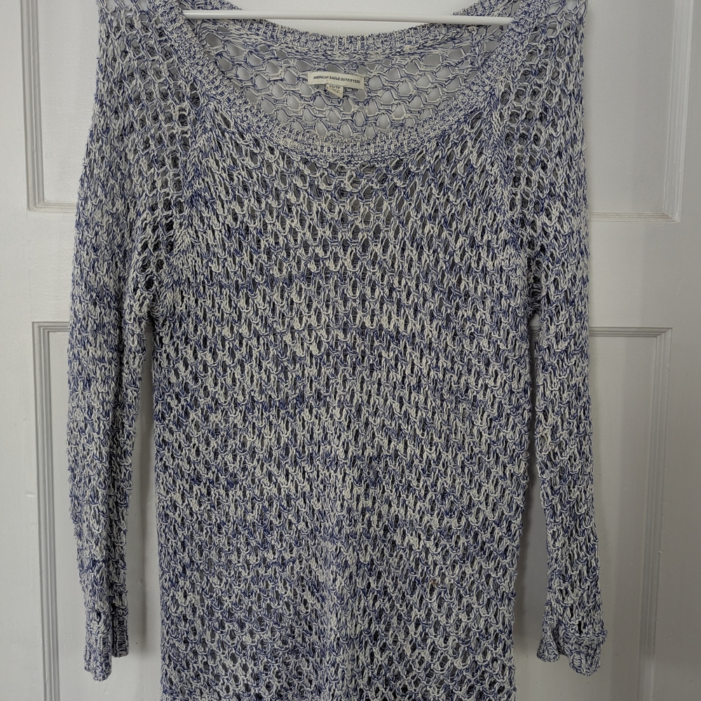 American Eagle Outfitters Blue and White Open-Knit Sweater
